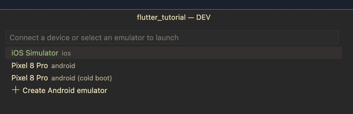 VSCode Flutter Select Device 화면